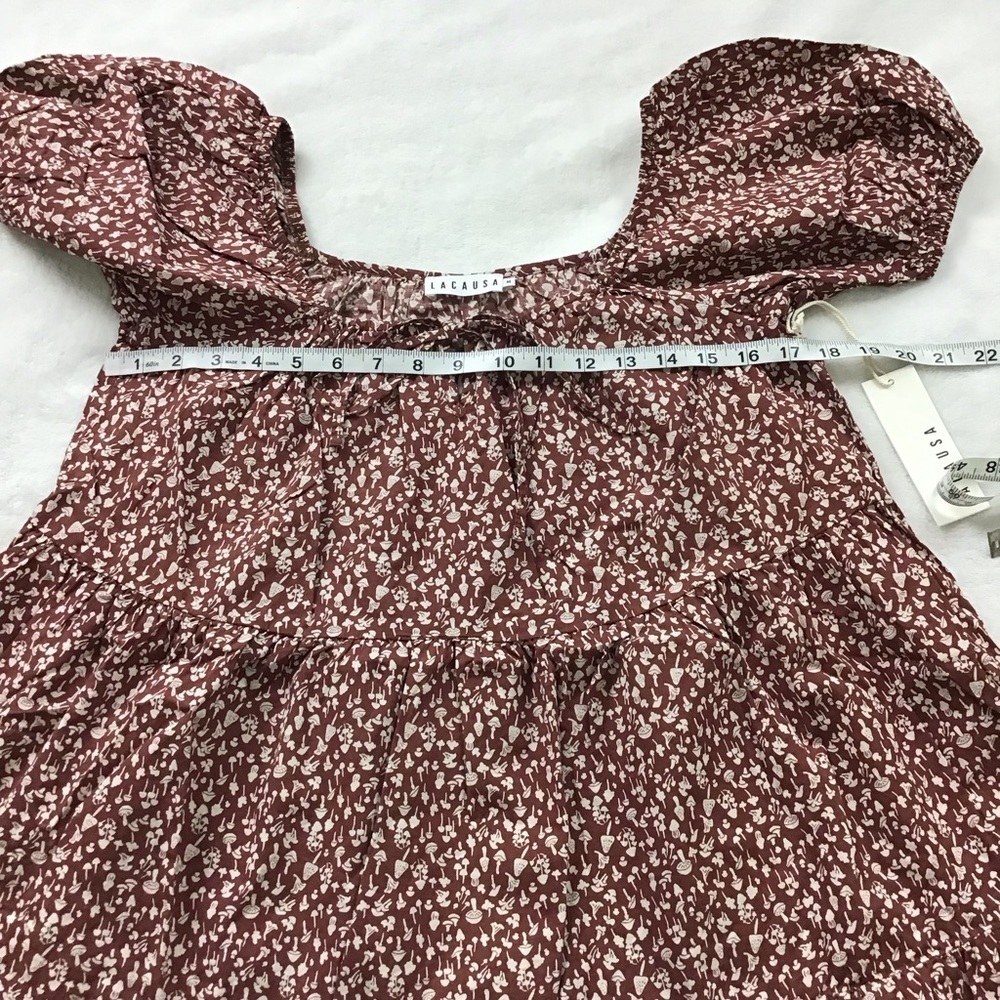 NWT LACAUSA Babydoll Mini Dress Puff Sleeve Mushroom Print Size M - Picture 9 of 11